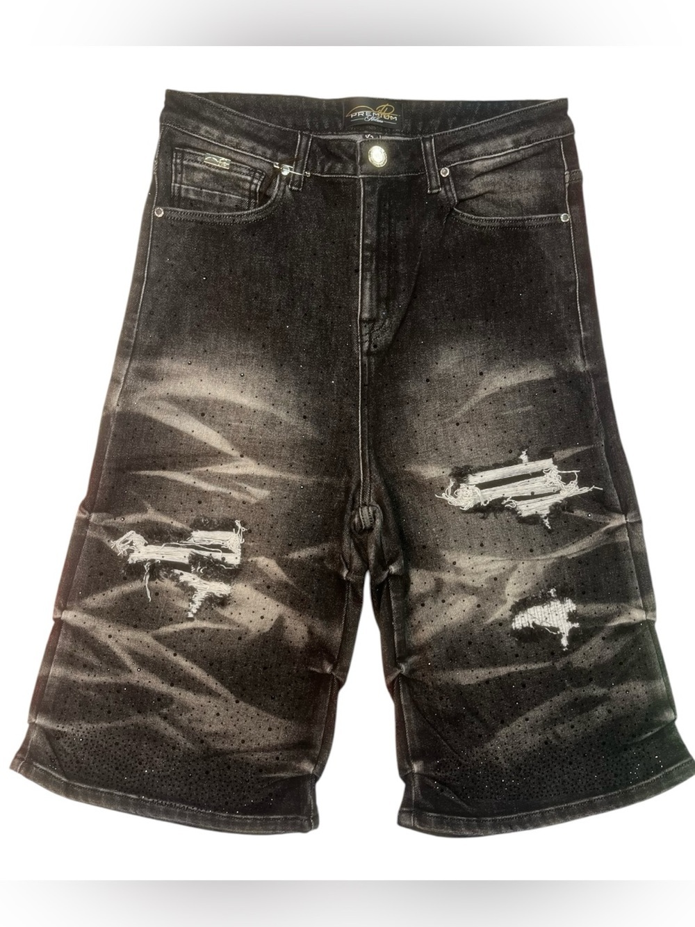 Sz 32 studded Distressed Black acid wash Denim Shorts